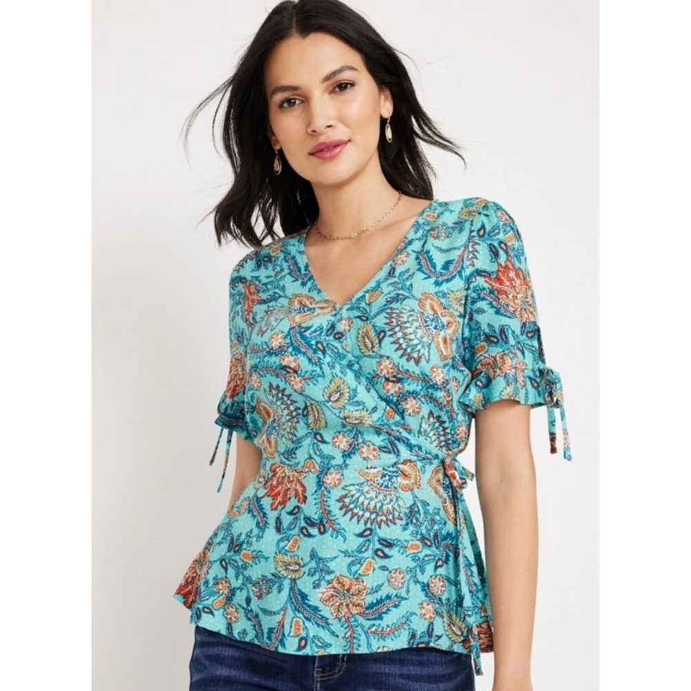 Maurices Floral Wrap Tie Peplum top Blue Size 1X